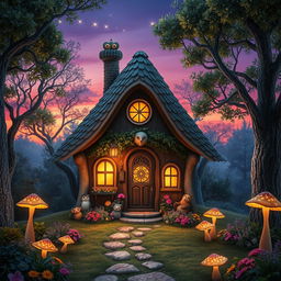 A magical scene inspired by the owl house, featuring a cozy little house nestled among enchanted trees, with a warm glow coming from the windows