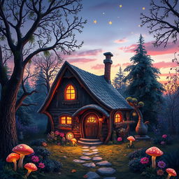 A magical scene inspired by the owl house, featuring a cozy little house nestled among enchanted trees, with a warm glow coming from the windows