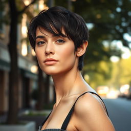 A portrait of a person with a slim physique, showcasing a confident and relaxed expression
