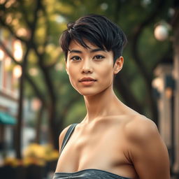 A portrait of a person with a slim physique, showcasing a confident and relaxed expression