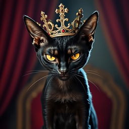 A skinny black cat wearing a regal crown on her head, exuding an angry queen-like demeanor