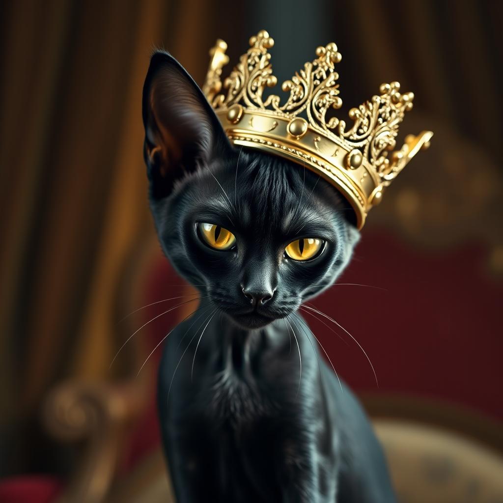 A skinny black cat wearing a regal crown on her head, exuding an angry queen-like demeanor