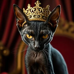 A skinny black cat wearing a regal crown on her head, exuding an angry queen-like demeanor