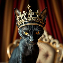 A skinny black cat wearing a regal crown on her head, exuding an angry queen-like demeanor