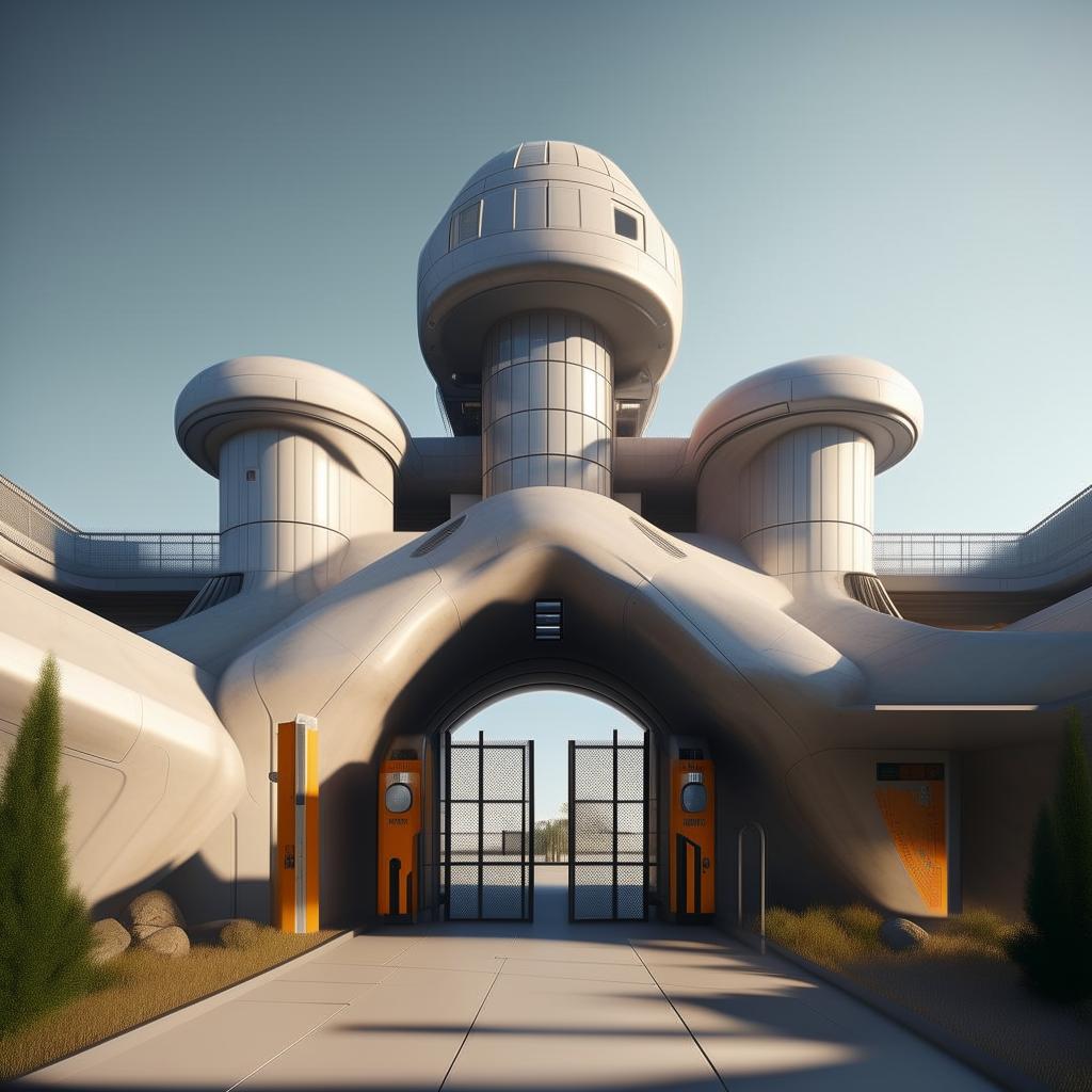 front view of gate of futuristic maximum-security penitentiary in broad daylight based on https://files.dreamhome.software/files/static/37174