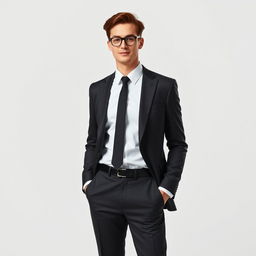 A sophisticated individual dressed in formal attire, complete with a tailored suit, crisp white dress shirt, and a stylish tie, exuding elegance and confidence