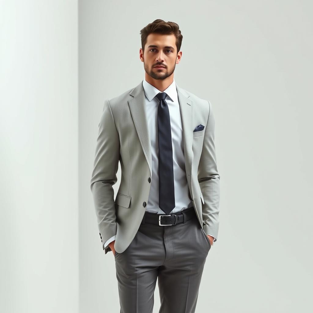 A sophisticated individual dressed in formal attire, complete with a tailored suit, crisp white dress shirt, and a stylish tie, exuding elegance and confidence