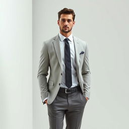 A sophisticated individual dressed in formal attire, complete with a tailored suit, crisp white dress shirt, and a stylish tie, exuding elegance and confidence