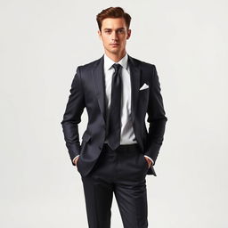 A sophisticated individual dressed in formal attire, complete with a tailored suit, crisp white dress shirt, and a stylish tie, exuding elegance and confidence