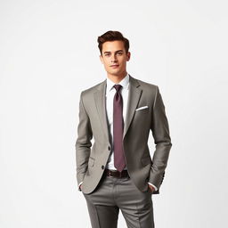 A sophisticated individual dressed in formal attire, complete with a tailored suit, crisp white dress shirt, and a stylish tie, exuding elegance and confidence