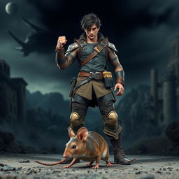 A heroic figure prominently positioned in an epic pose, standing triumphantly over a defeated mouse