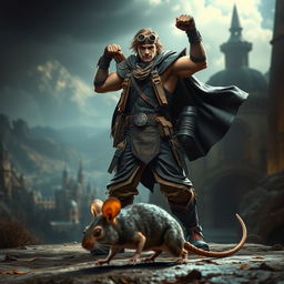 A heroic figure prominently positioned in an epic pose, standing triumphantly over a defeated mouse