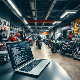 A vibrant professional motorcycle repair shop filled with energy and a sense of motivation