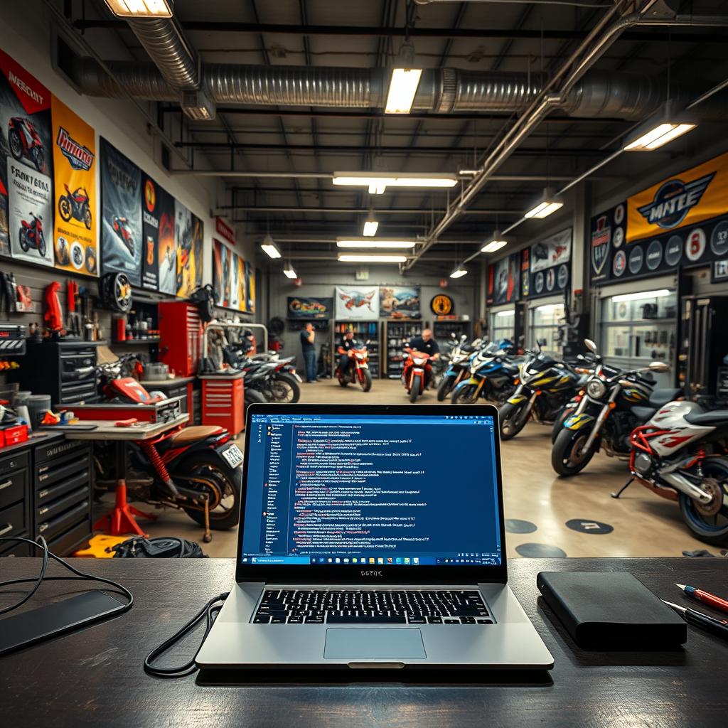 A vibrant professional motorcycle repair shop filled with energy and a sense of motivation