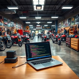 A vibrant professional motorcycle repair shop filled with energy and a sense of motivation