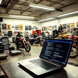 A vibrant professional motorcycle repair shop filled with energy and a sense of motivation
