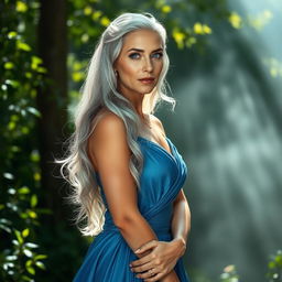A stunning portrait of a mature woman with long, flowing silver hair, wearing an elegant, shimmering blue gown that complements her graceful figure