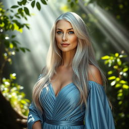 A stunning portrait of a mature woman with long, flowing silver hair, wearing an elegant, shimmering blue gown that complements her graceful figure
