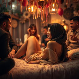 A visually striking scene set in a party atmosphere, featuring a beautiful Chinese woman wearing a hijab