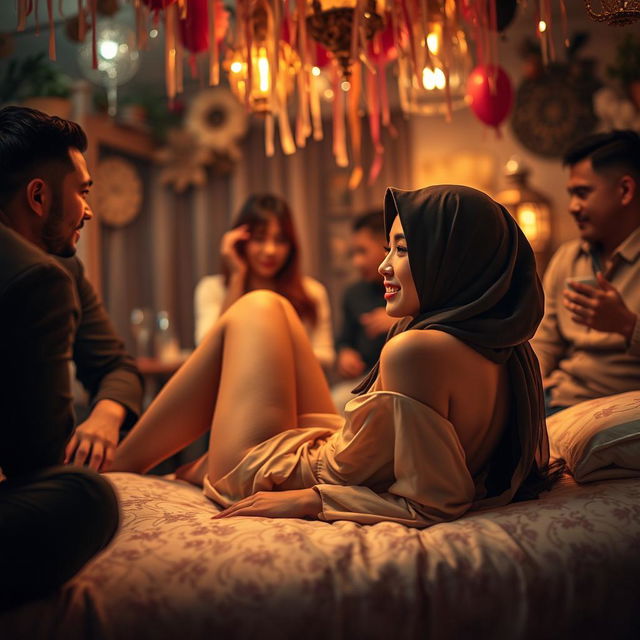 A visually striking scene set in a party atmosphere, featuring a beautiful Chinese woman wearing a hijab