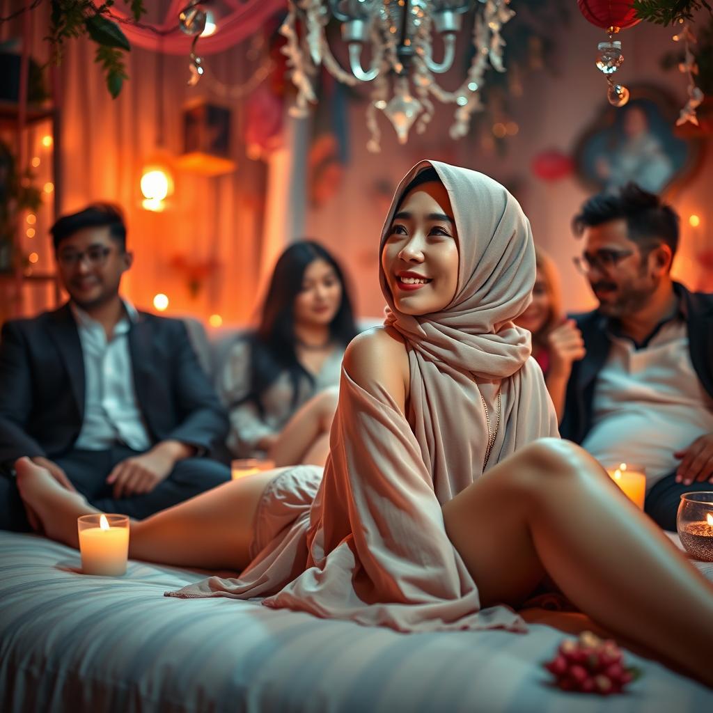 A visually striking scene set in a party atmosphere, featuring a beautiful Chinese woman wearing a hijab