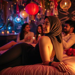 A visually striking scene set in a party atmosphere, featuring a beautiful Chinese woman wearing a hijab