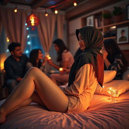 A captivating and sensual scene set in a vibrant house party atmosphere, featuring a young Chinese woman wearing a hijab