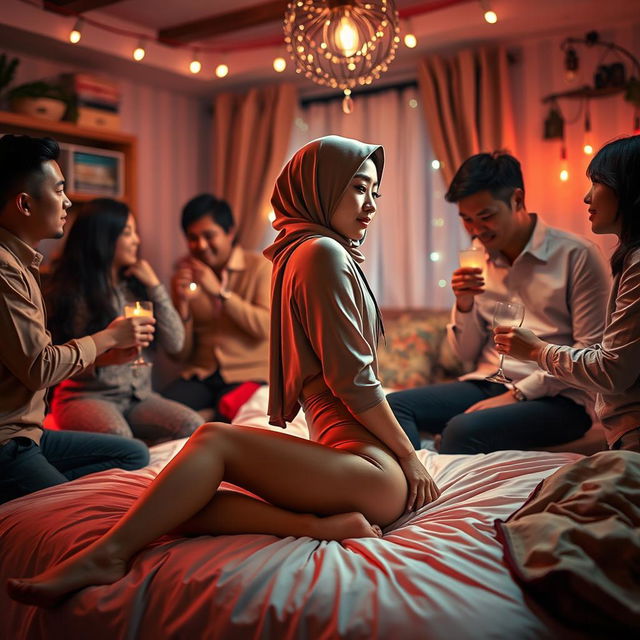 A captivating and sensual scene set in a vibrant house party atmosphere, featuring a young Chinese woman wearing a hijab