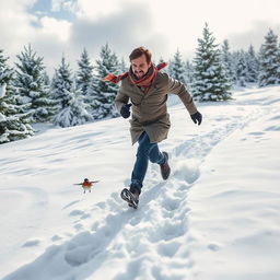 A man running energetically through a thick blanket of snow, his footprints visible behind him