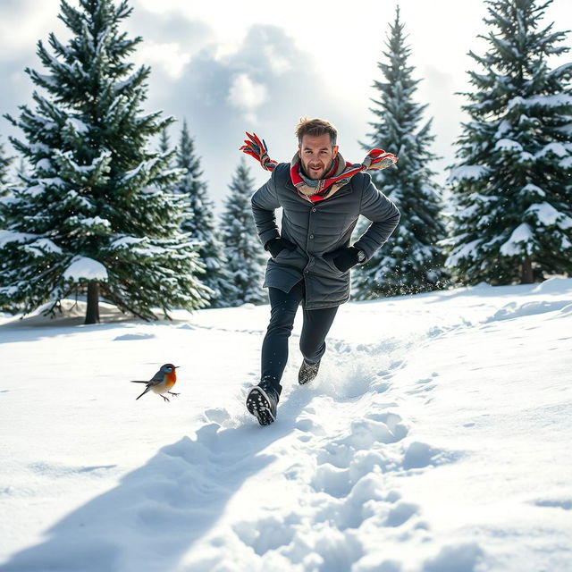 A man running energetically through a thick blanket of snow, his footprints visible behind him