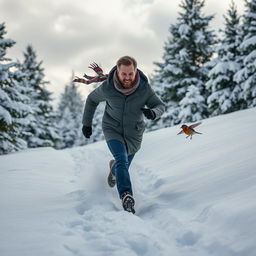 A man running energetically through a thick blanket of snow, his footprints visible behind him