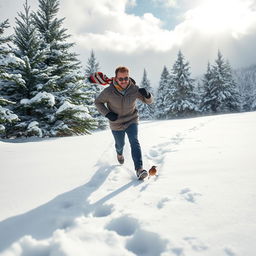 A man running energetically through a thick blanket of snow, his footprints visible behind him