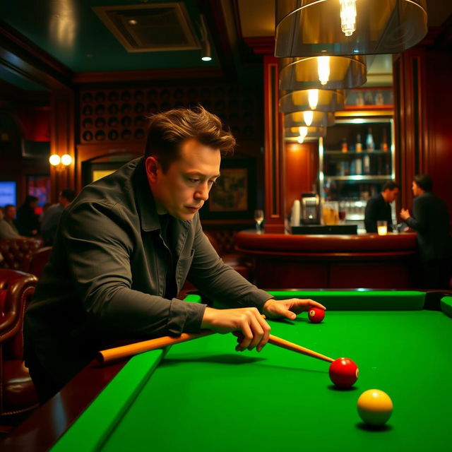 Elon Musk playing billiards in an upscale, dimly lit bar with rich wooden paneling and plush leather furniture