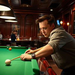 Elon Musk playing billiards in an upscale, dimly lit bar with rich wooden paneling and plush leather furniture