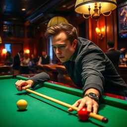 Elon Musk playing billiards in an upscale, dimly lit bar with rich wooden paneling and plush leather furniture