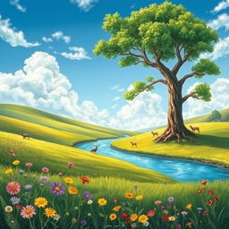 A serene and vibrant nature scene depicting a lush green landscape with rolling hills, a crystal-clear river flowing through the center, and a bright blue sky dotted with fluffy white clouds