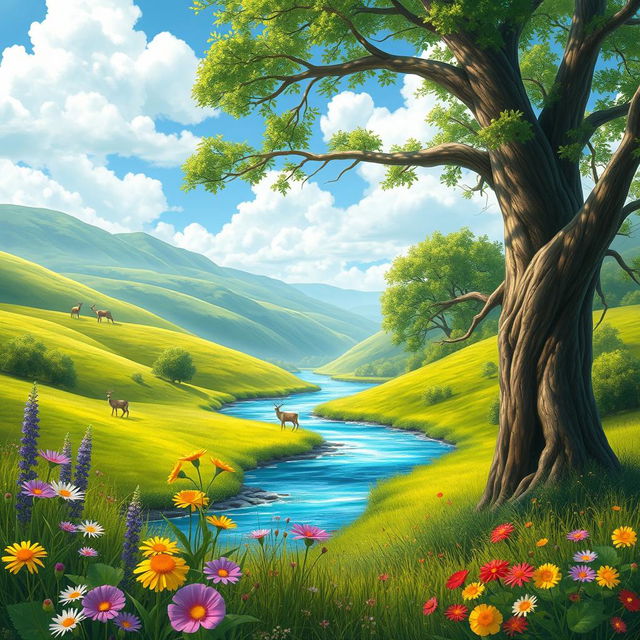 A serene and vibrant nature scene depicting a lush green landscape with rolling hills, a crystal-clear river flowing through the center, and a bright blue sky dotted with fluffy white clouds