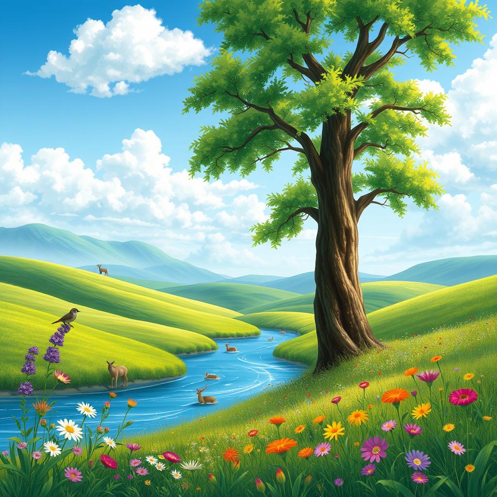 A serene and vibrant nature scene depicting a lush green landscape with rolling hills, a crystal-clear river flowing through the center, and a bright blue sky dotted with fluffy white clouds