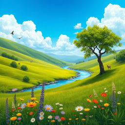 A serene and vibrant nature scene depicting a lush green landscape with rolling hills, a crystal-clear river flowing through the center, and a bright blue sky dotted with fluffy white clouds