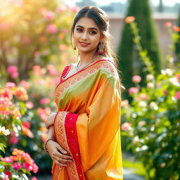 A beautiful young woman gracefully wearing a colorful traditional saree, adorned with intricate patterns and embellishments
