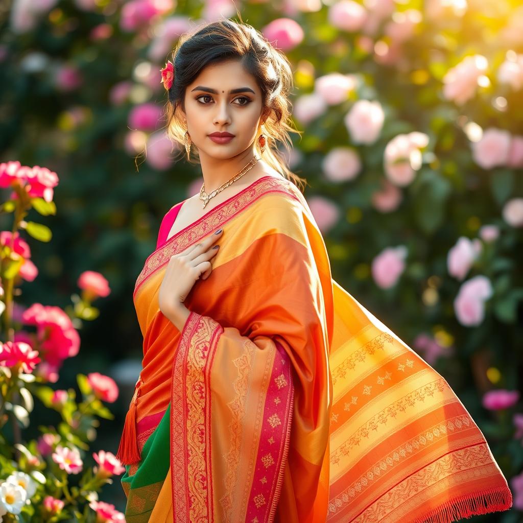 A beautiful young woman gracefully wearing a colorful traditional saree, adorned with intricate patterns and embellishments