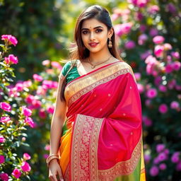 A beautiful young woman gracefully wearing a colorful traditional saree, adorned with intricate patterns and embellishments