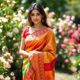 A beautiful young woman gracefully wearing a colorful traditional saree, adorned with intricate patterns and embellishments