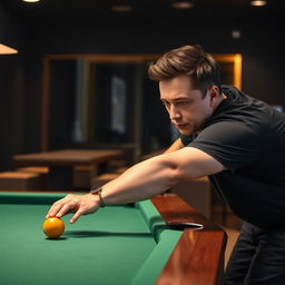 A middle-aged man with short, dark hair and a confident expression, resembling Elon Musk, is intensely focused while playing billiards in a stylish, modern game room