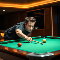 A middle-aged man with short, dark hair and a confident expression, resembling Elon Musk, is intensely focused while playing billiards in a stylish, modern game room
