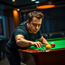 A middle-aged man with short, dark hair and a confident expression, resembling Elon Musk, is intensely focused while playing billiards in a stylish, modern game room
