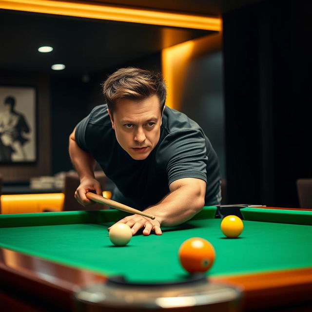 A middle-aged man with short, dark hair and a confident expression, resembling Elon Musk, is intensely focused while playing billiards in a stylish, modern game room