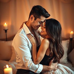 A sensual, intimate scene featuring two attractive adults embracing in a romantic setting