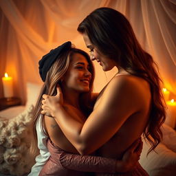 A sensual, intimate scene featuring two attractive adults embracing in a romantic setting