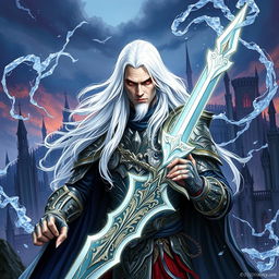 An epic fantasy illustration featuring Elric of Melnibone, the albino prince with long flowing white hair and crimson eyes
